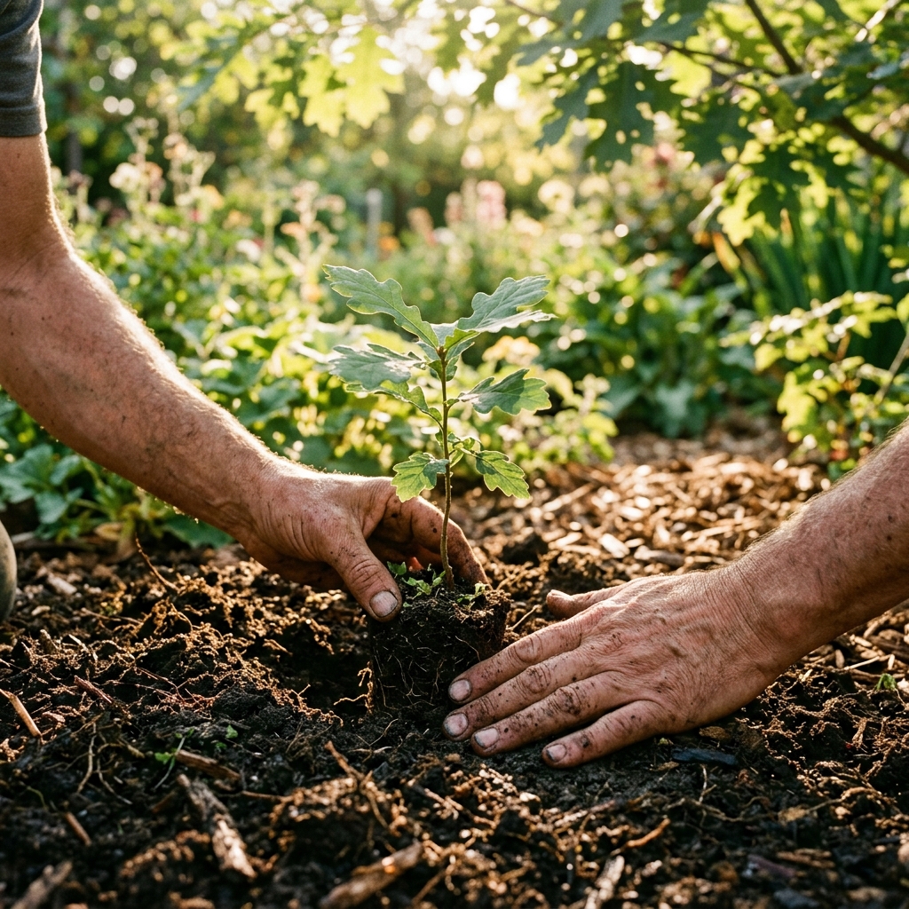 Mains d'un jardinier plantant une jeune pousse